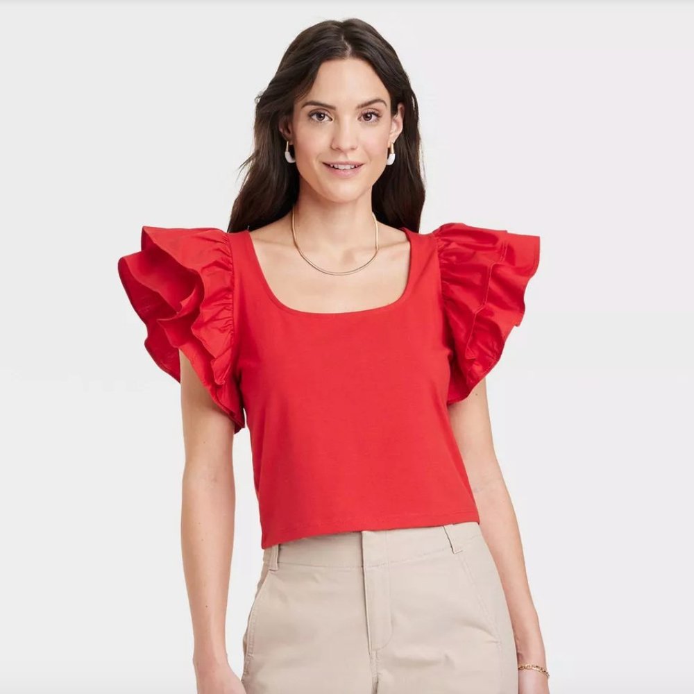 NWOT A New Day Red Short, Ruffle-Sleeve Shirt